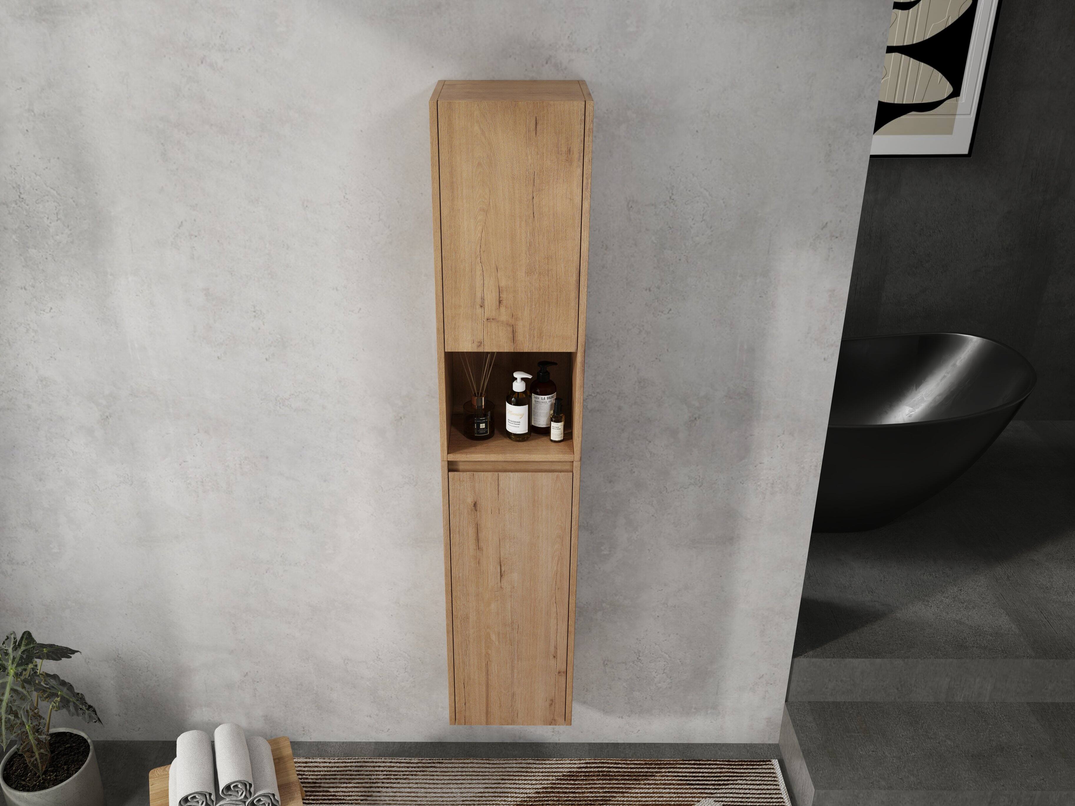 Alt View 1. TinyHomie - 12in Bathroom Side Cabinet Soft Close Doors Float Mounting Design Imitative Oak KD-Packing - Imitative Oak.