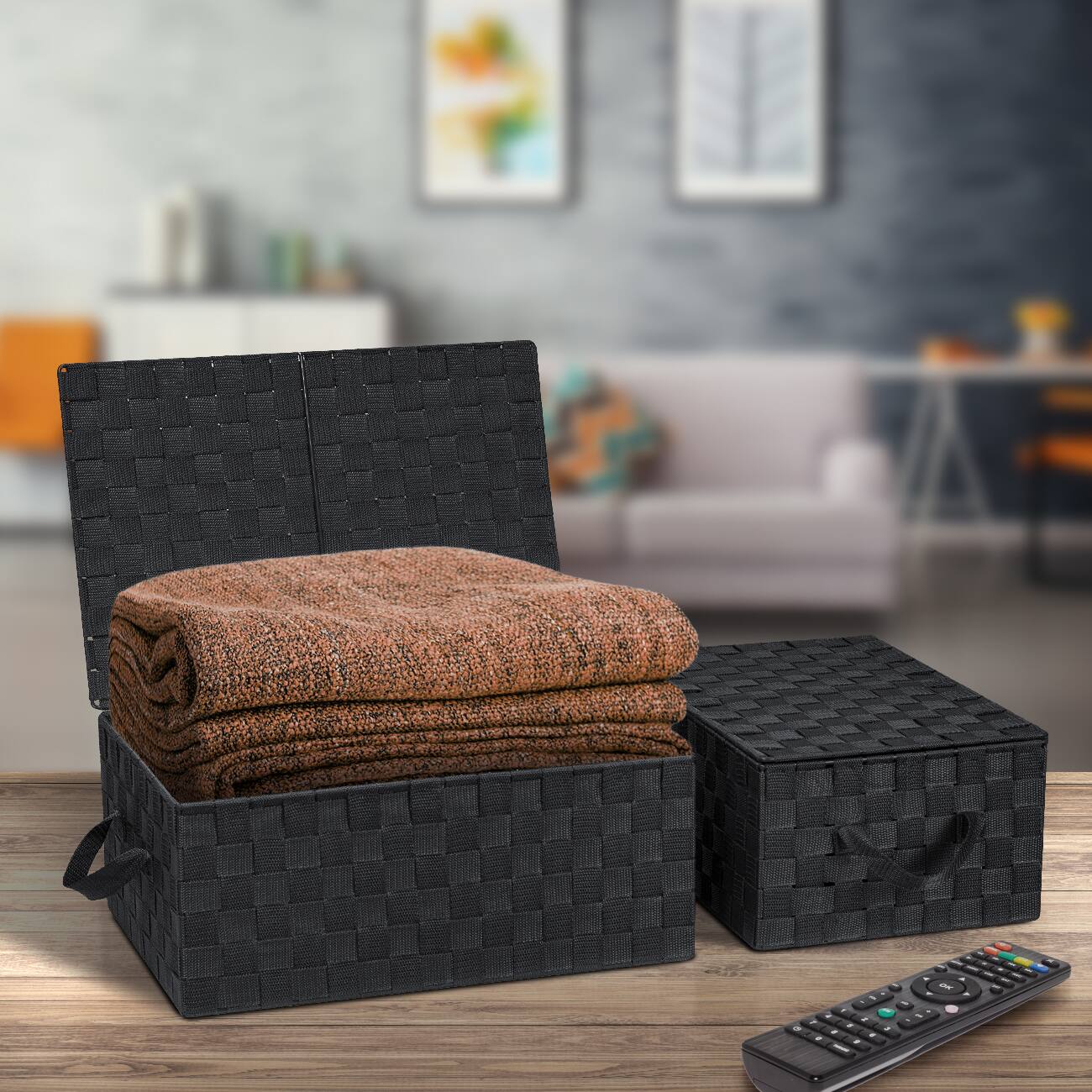 Alt View 1. Sorbus - Sorbus Set of 3 Storage Baskets for Organizing with Lid, Mesh, Linen, Organizer Storage Baskets for Shelves - Black.