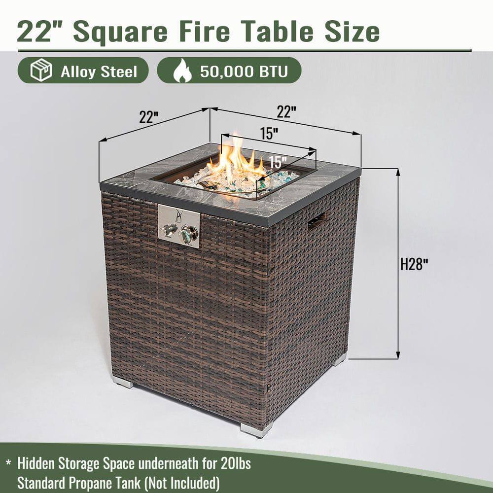 22" Square Fire Table Size

- Alloy Steel
- 50,000 BTU

Dimensions:
- 22" x 22" x 15" (Top)
- H28" (Height)

*Hidden Storage Space underneath for 20lbs Standard Propane Tank (Not Included)