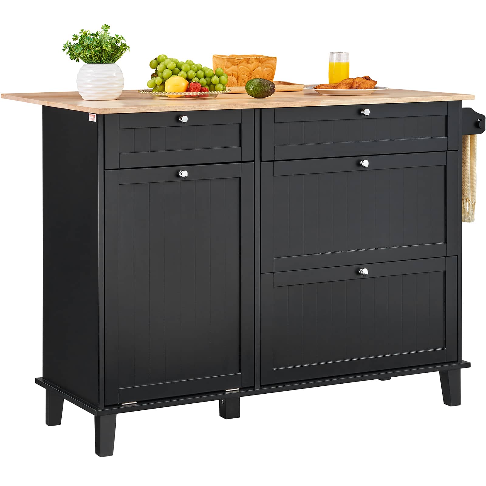 VEVOR - Kitchen Island Cart, 50" Wood Top Breakfast Bar with Trash Cabinet Tilt Out 10 Gallon Storage, with Drop Leaf, Towel Bar - Black