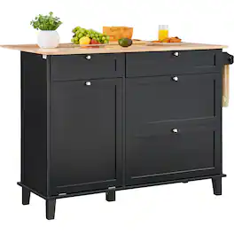 VEVOR - Kitchen Island Cart, 50" Wood Top Breakfast Bar with Trash Cabinet Tilt Out 10 Gallon Storage, with Drop Leaf, Towel Bar - Black