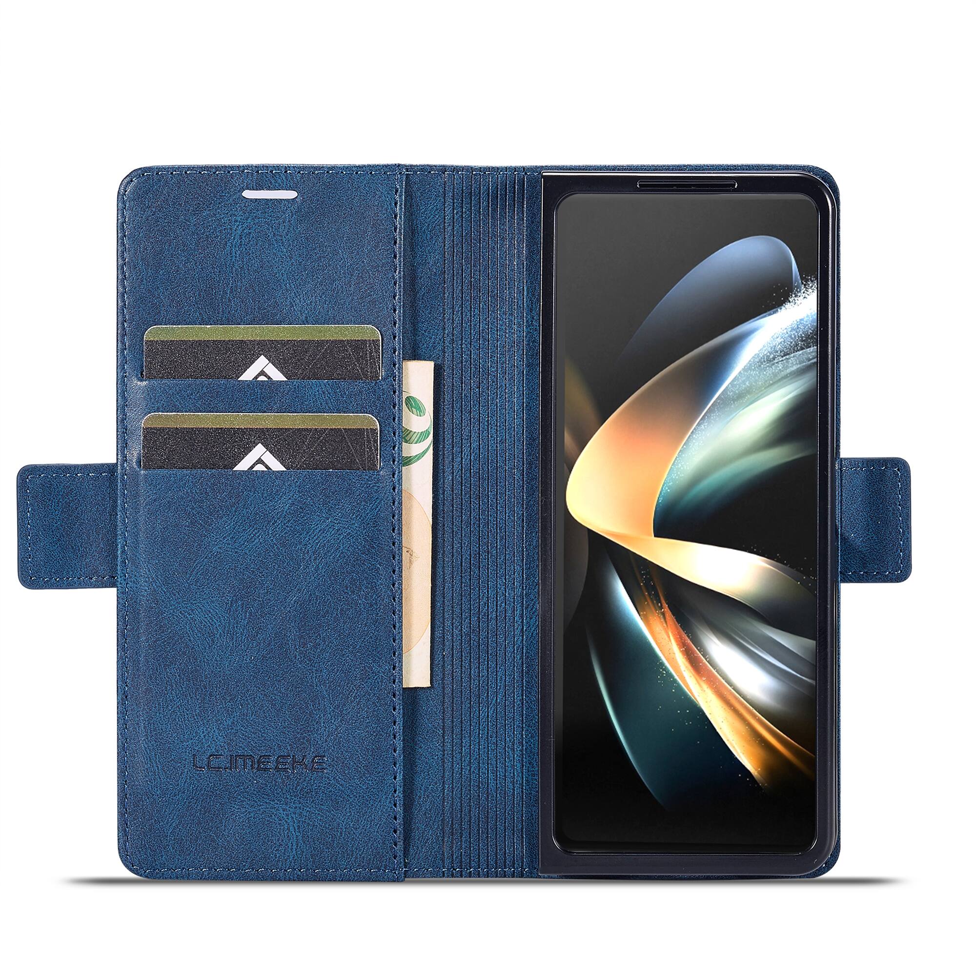 Angle. Dteck - Wallet Case for Samsung Galaxy Z Fold 7, Magnetic PU Leather RFID Blocking Card Slots Kickstand Shockproof Cover - Blue.