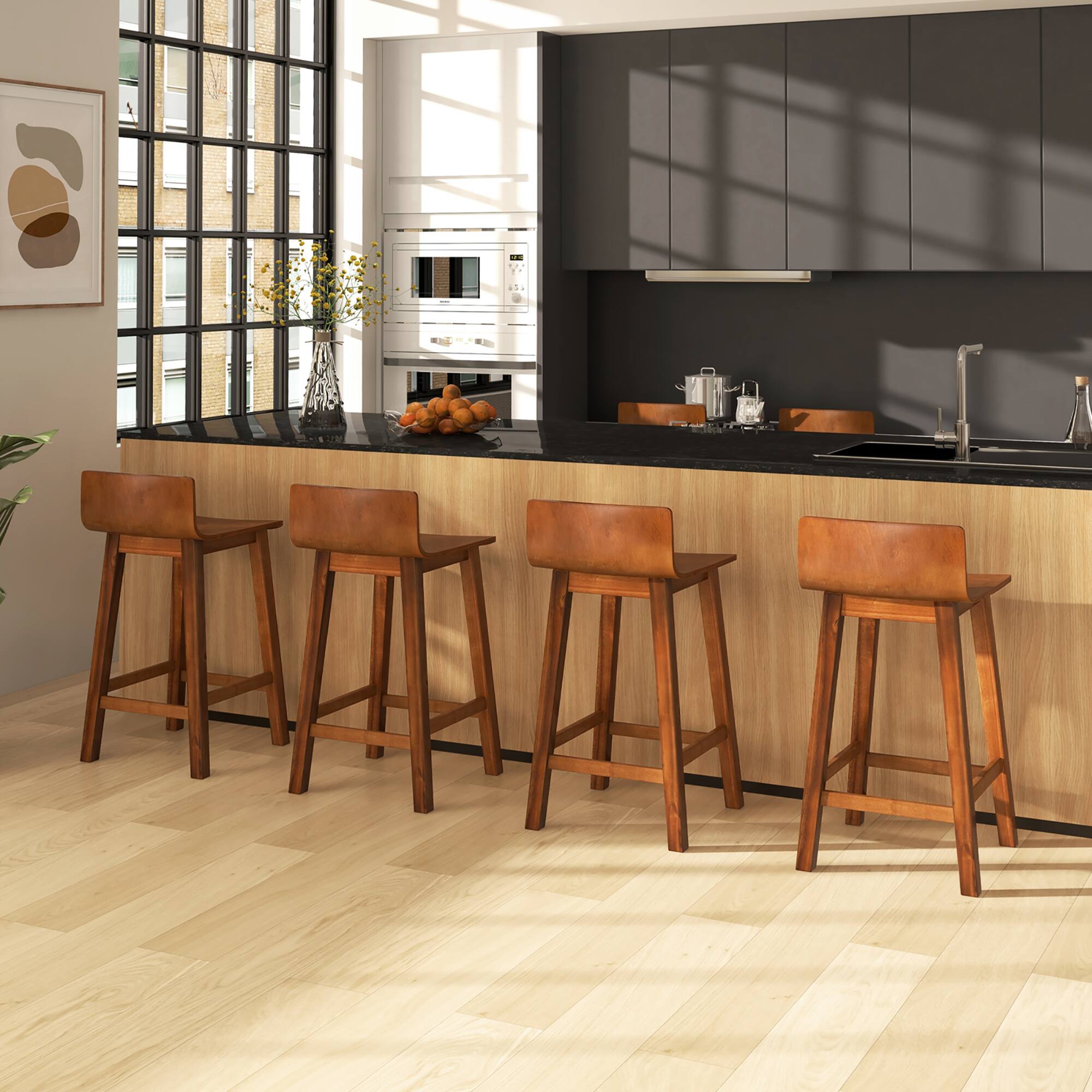 Alt View 3. Gymax - Gymax 24.5'' Solid Wood Bar Stools Set of 4 Home Counter Kitchen Stools w/ Low Backrest & Footrest - Brown.