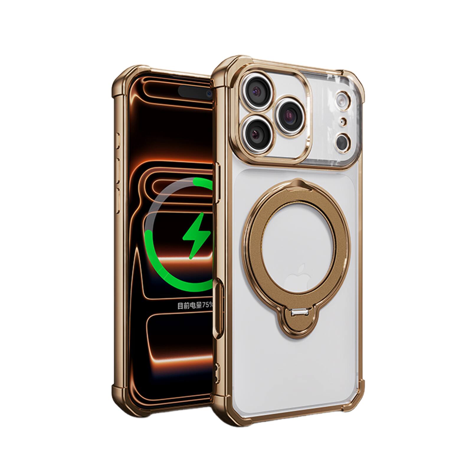 Dteck - Mag Safe Case For Apple iPhone 17 Pro Max Plating Shock-Resistant Anti-Scratch Ring Kickstand Rugged Cover - Gold