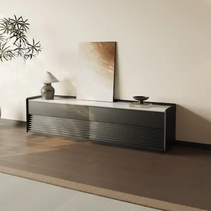 Front. POVISON - 71" Fully-Assembled Mid-Century Matte Sintered Stone Tabletop TV Stand,Black Color Cabinet with Adjustable Light - Glossy White & Black.