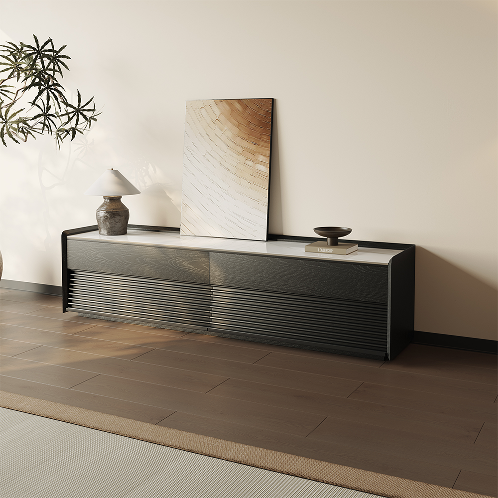 Front. POVISON - 71" Fully-Assembled Mid-Century Matte Sintered Stone Tabletop TV Stand,Black Color Cabinet with Adjustable Light - Glossy White & Black.