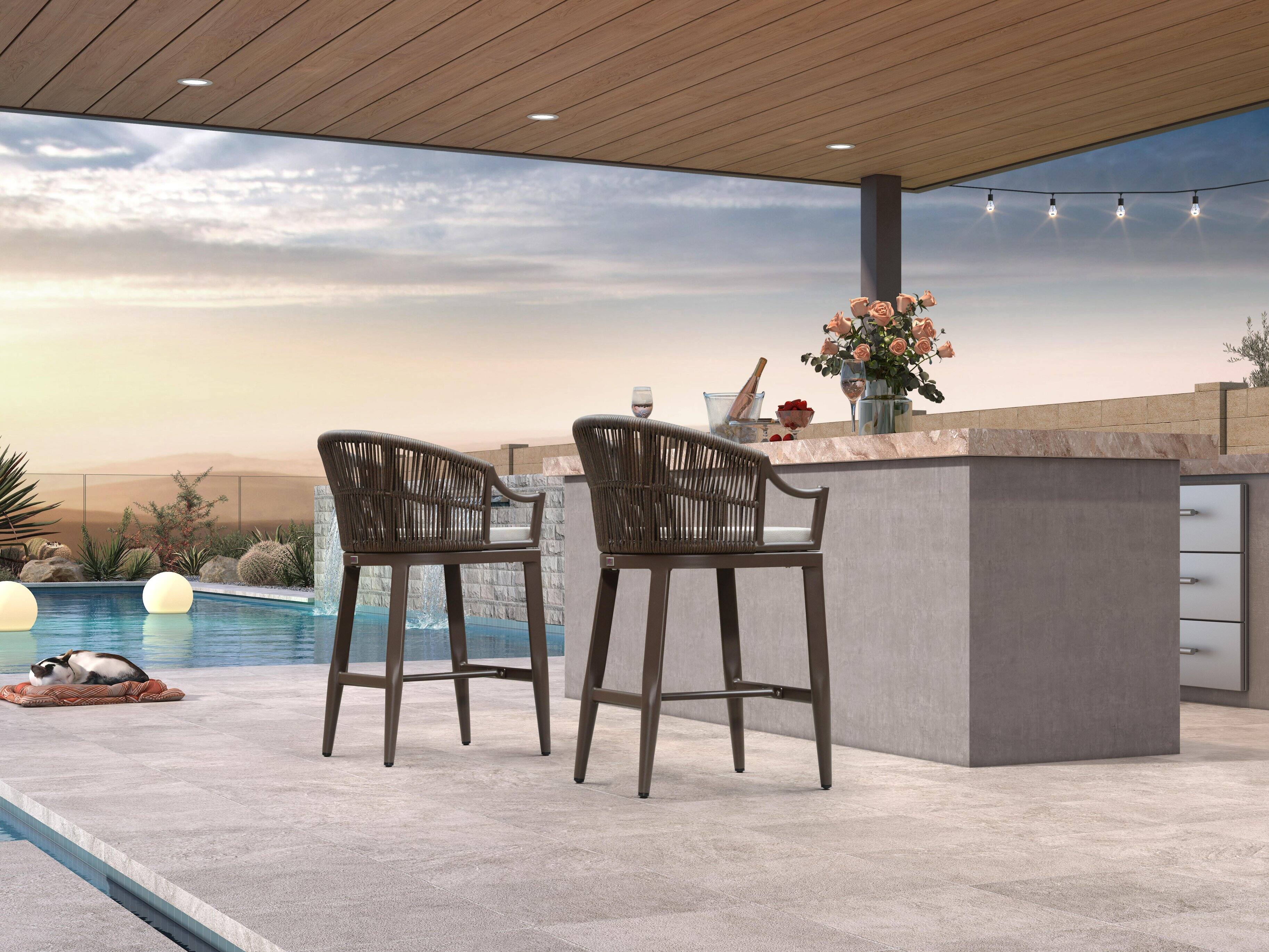 Alt View 2. PURPLE LEAF - Patio Counter Height Set of 2 Outdoor Rattan Chairs with Back Modern Aluminum Woven Barstools for Garden Indoor Kitchen - Coffee-Counter Stool.