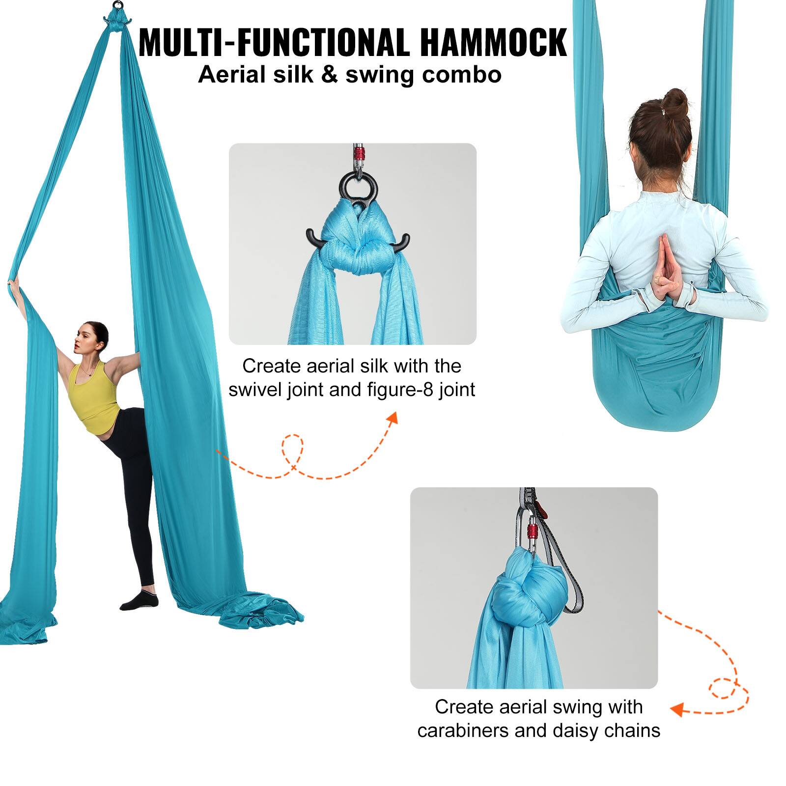 MULTI-FUNCTIONAL HAMMOCK  
Aerial silk & swing combo  

Create aerial silk with the swivel joint and figure-8 joint  

Create aerial swing with carabiners and daisy chains