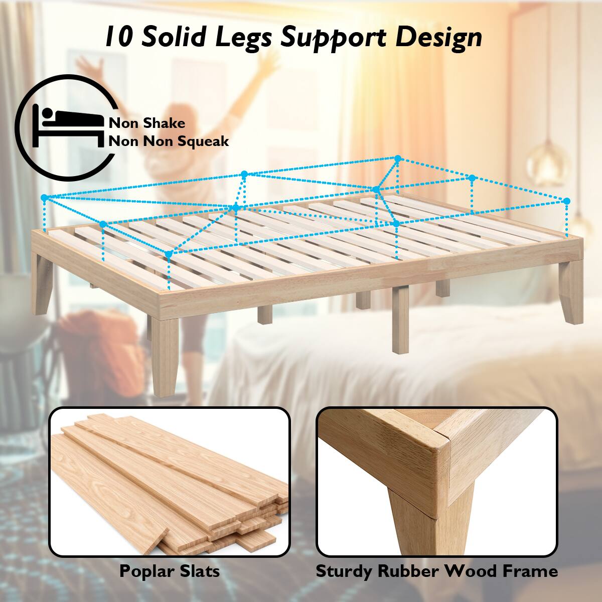 10 Solid Legs Support Design, Non Shake, Non Squeak, Poplar Slats, Sturdy Rubber Wood Frame