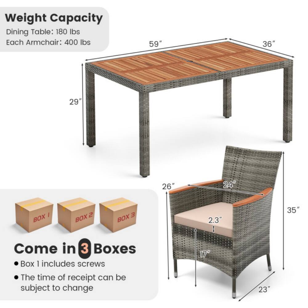 Weight Capacity:  
- Dining Table: 180 lbs  
- Each Armchair: 400 lbs  

Dimensions:  
- Table: 59" x 36" x 29"  
- Armchair: 26" x 24" x 35" x 2.3" x 17" x 23"  

Packaging:  
- Come in 3 Boxes  
- Box 1 includes screws  
- The time of receipt can be subject to change