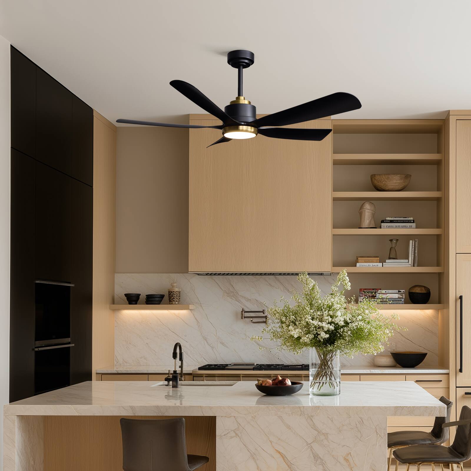 Angle. Siljoy - 52" Black Gold 5-Blade Ceiling Fan Light Quiet DC Motor 3-Color Temp Remote for Living Bedroom - Matte Black.
