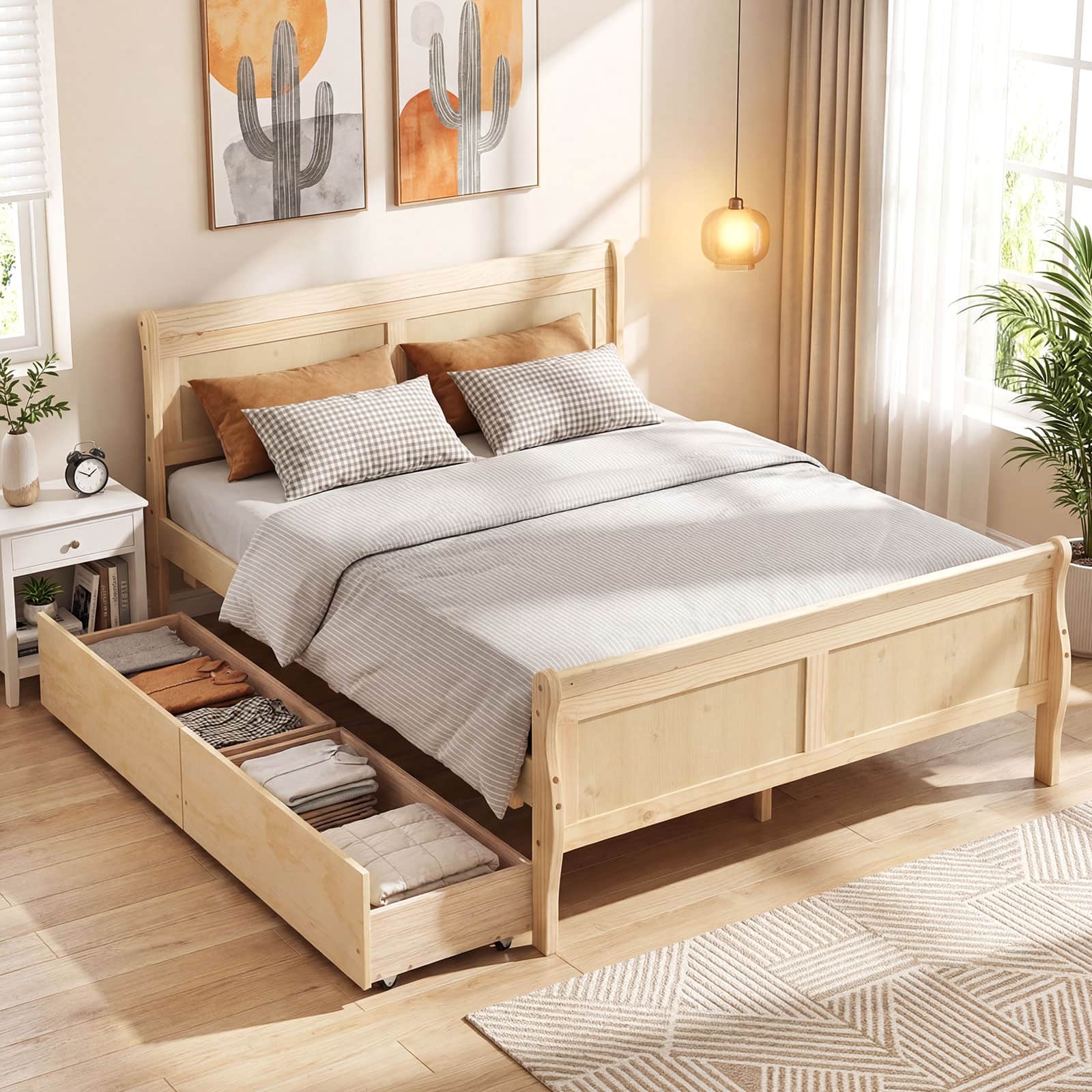 Costway - Full Size Bed Frame with Storage Drawers, Wood Platform Bed with Headboard Footboard - Natural