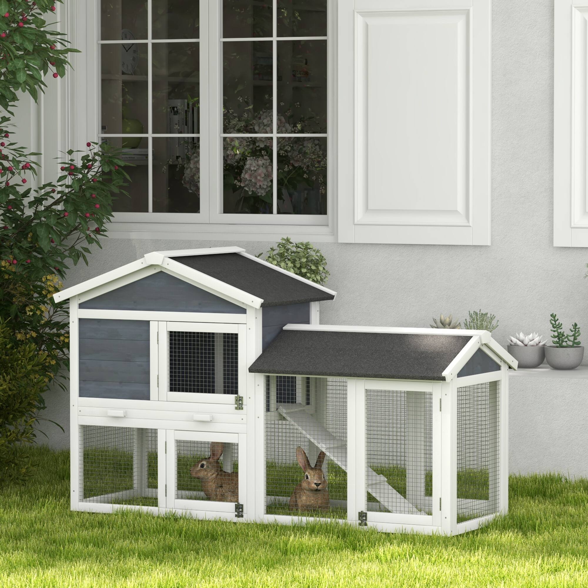 Angle. Pawhut - 58" Wooden  Large Rabbit Hutch, Outdoor Indoor, Run, Removable Tray, Asphalt Roof, Lockable Doors, Ramp.