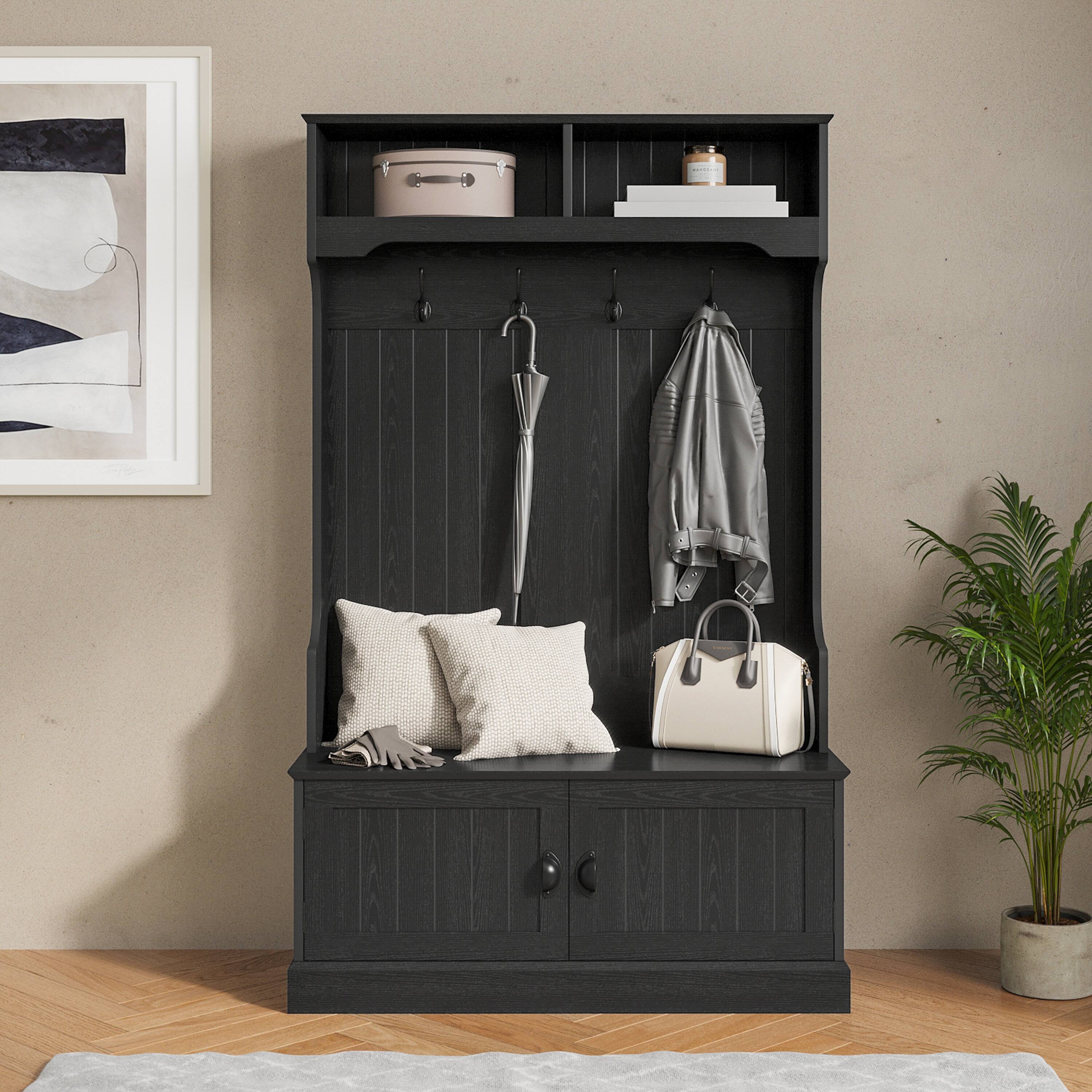 Alt View 1. Flash Furniture - Fraser 40" Wide Hall Tree with Double Door Storage Bench, Coat Rack with 4 Black Double Hooks, and 2 Upper Storage Cubbi - Black.