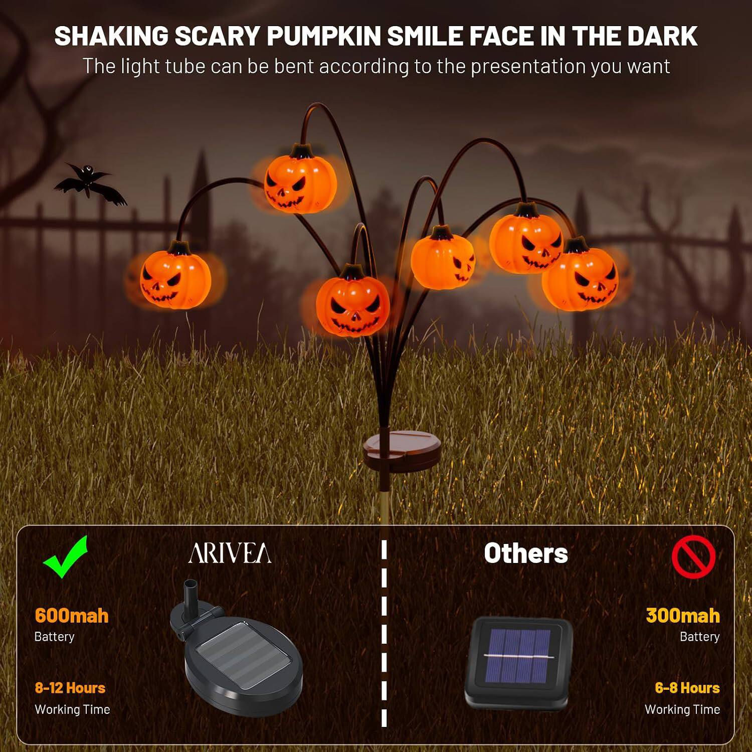 SHAKING SCARY PUMPKIN SMILE FACE IN THE DARK  
The light tube can be bent according to the presentation you want

ARIVEA  
600mah Battery  
8-12 Hours Working Time

Others  
300mah Battery  
6-8 Hours Working Time