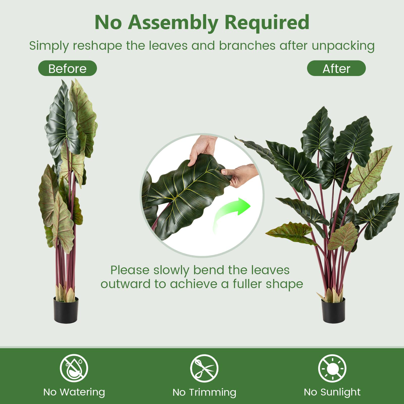No Assembly Required  
Simply reshape the leaves and branches after unpacking  

Before  
After  

Please slowly bend the leaves outward to achieve a fuller shape  

No Watering  
No Trimming  
No Sunlight