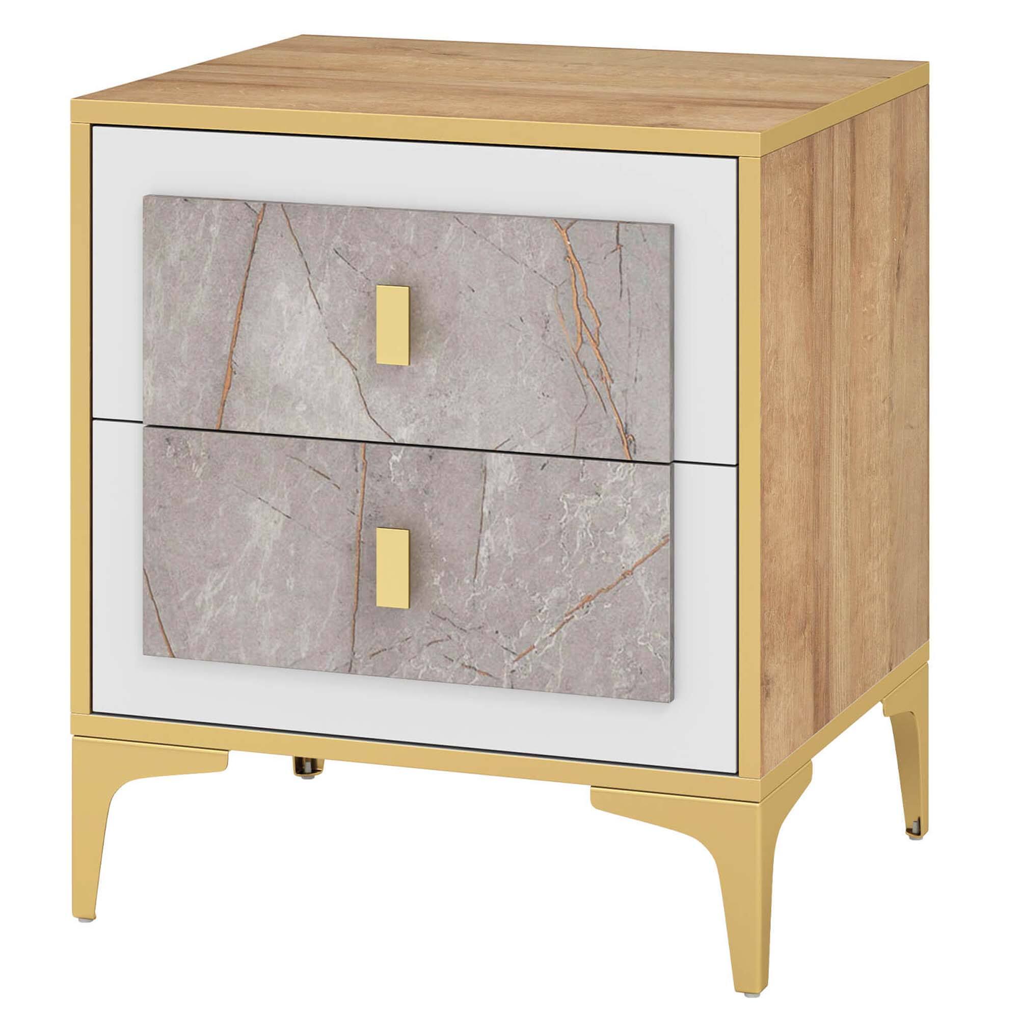 Angle. Costway - Costway Nightstand with Storage Faux Marble Surface Accent Table with 2 Pull-out Drawers - Natural,Golden,White.