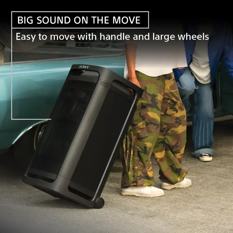 BIG SOUND ON THE MOVE Easy to move with handle and large wheels SONY