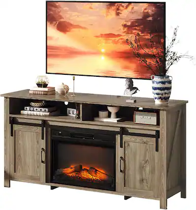 Front. Winado - Farmhouse 58" Fireplace TV Stand Entertainment Center with Storage & Adjustable Shelves, - Gray Oak.