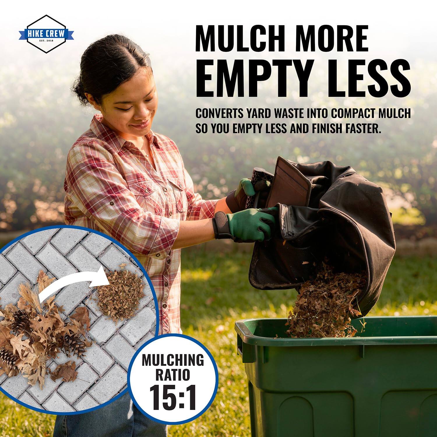 HIKE CREW 157.2018

MULCH MORE EMPTY LESS
CONVERTS YARD WASTE INTO COMPACT MULCH SO YOU EMPTY LESS AND FINISH FASTER.

MULCHING RATIO 15:1