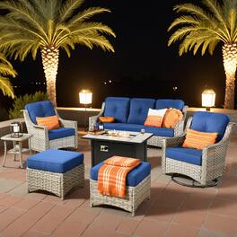 Ovios - 7 PCS Patio Furniture Set 3 Seat Sofa with Swivel Chair Side Table & 42" Fire Pit Table - Navy Blue