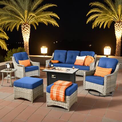 Front. Ovios - 7 PCS Patio Furniture Set 3 Seat Sofa with Swivel Chair Side Table & 42" Fire Pit Table - Navy Blue.