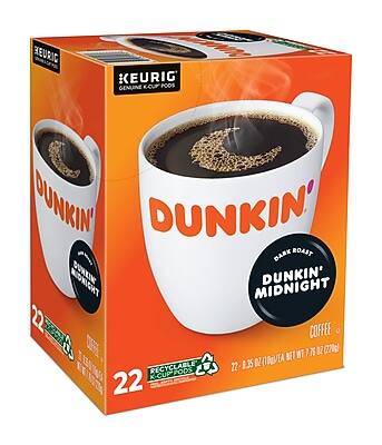 KEURIG  
GENUINE K-CUP PODS  

DUNKIN'  
DARK ROAST  
DUNKIN' MIDNIGHT  

22 RECYCLABLE PODS  

NET WT 1.7 OZ (220g)  

22 - 1.35 OZ (10g) EA  

DUNKIN'  
COFFEE