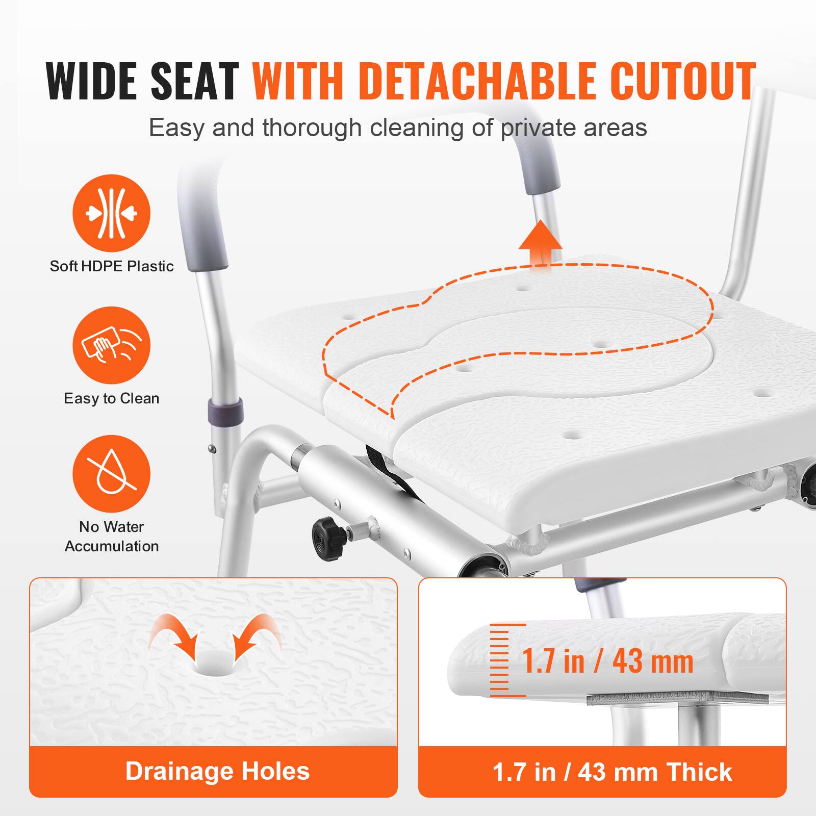 WIDE SEAT WITH DETACHABLE CUTOUT, Easy and thorough cleaning of private areas, Soft HDPE Plastic, Easy to Clean, No Water Accumulation, 1.7 in / 43 mm Drainage Holes, 1.7 in / 43 mm Thick