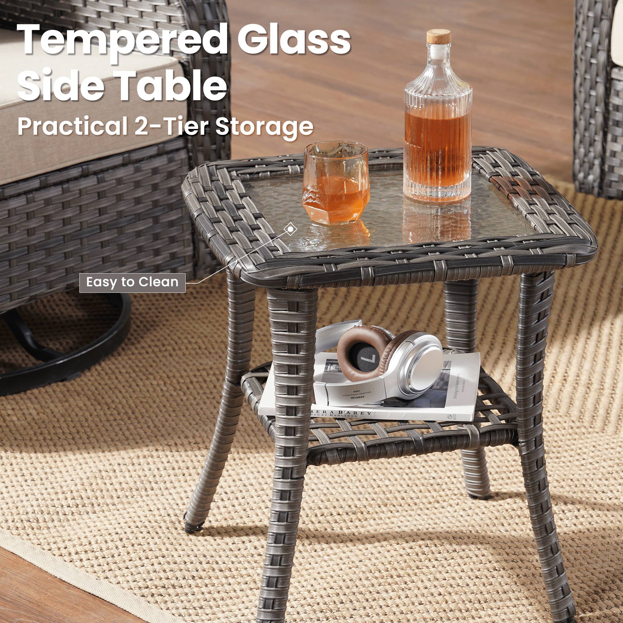 Tempered Glass Side Table  
Practical 2-Tier Storage  
Easy to Clean