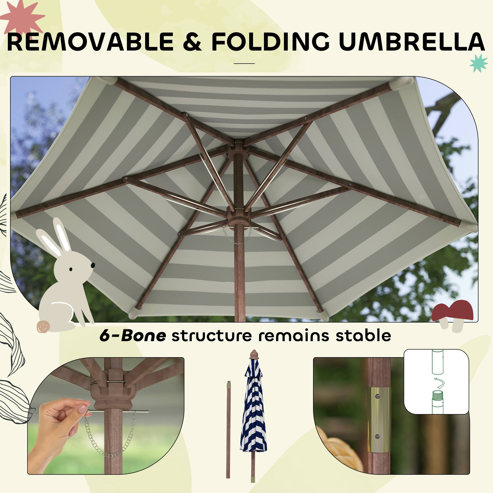 REMOVABLE & FOLDING UMBRELLA

6-Bone structure remains stable