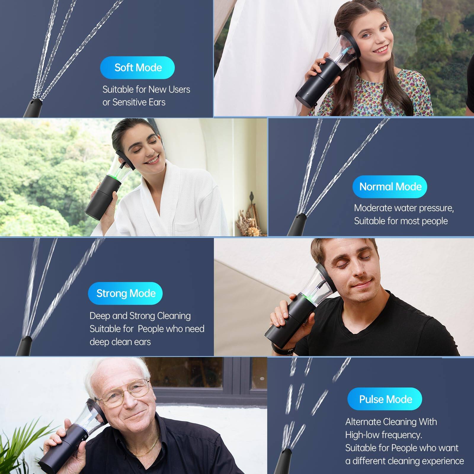 - **Soft Mode**
  - Suitable for New Users or Sensitive Ears

- **Normal Mode**
  - Moderate water pressure, Suitable for most people

- **Strong Mode**
  - Deep and Strong Cleaning, Suitable for People who need deep clean ears

- **Pulse Mode**
  - Alternate Cleaning With High-low frequency, Suitable for People who want a different cleaning experience