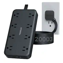 TESSAN - 2000J Protection 5 Ft Flat Plug Surge Protector Power Strip with 8 Outlets and 3 USB Ports (1 USB-C) - Black