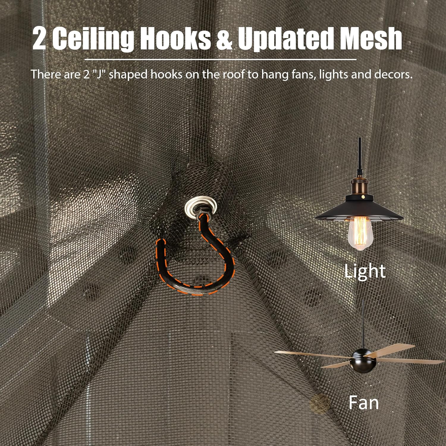 2 Ceiling Hooks & Updated Mesh

There are 2 "J" shaped hooks on the roof to hang fans, lights and decors.