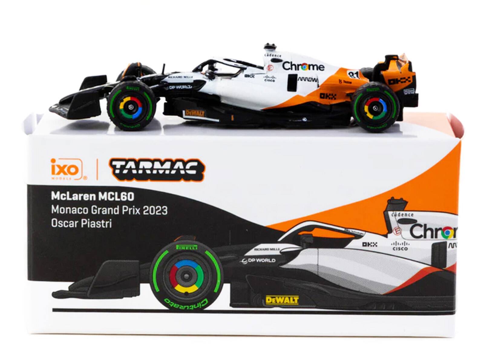 DP WORLD X cadence E Chrome CISCO ANNOw OK Is 21 KX DEWALT ixo TARMAC MODELE McLaren MCL60 Monaco Grand Prix 2023 Oscar Piastri PNne OKX cadence E Chro M CISCO DP WORLD Cinturato DEWALT