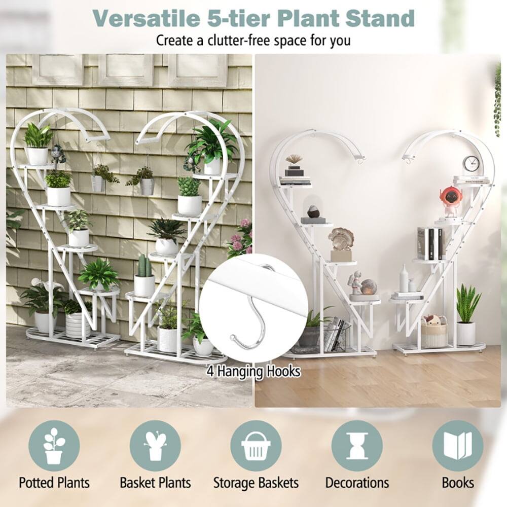 Versatile 5-tier Plant Stand  
Create a clutter-free space for you  

4 Hanging Hooks  

Potted Plants  
Basket Plants  
Storage Baskets  
Decorations  
Books
