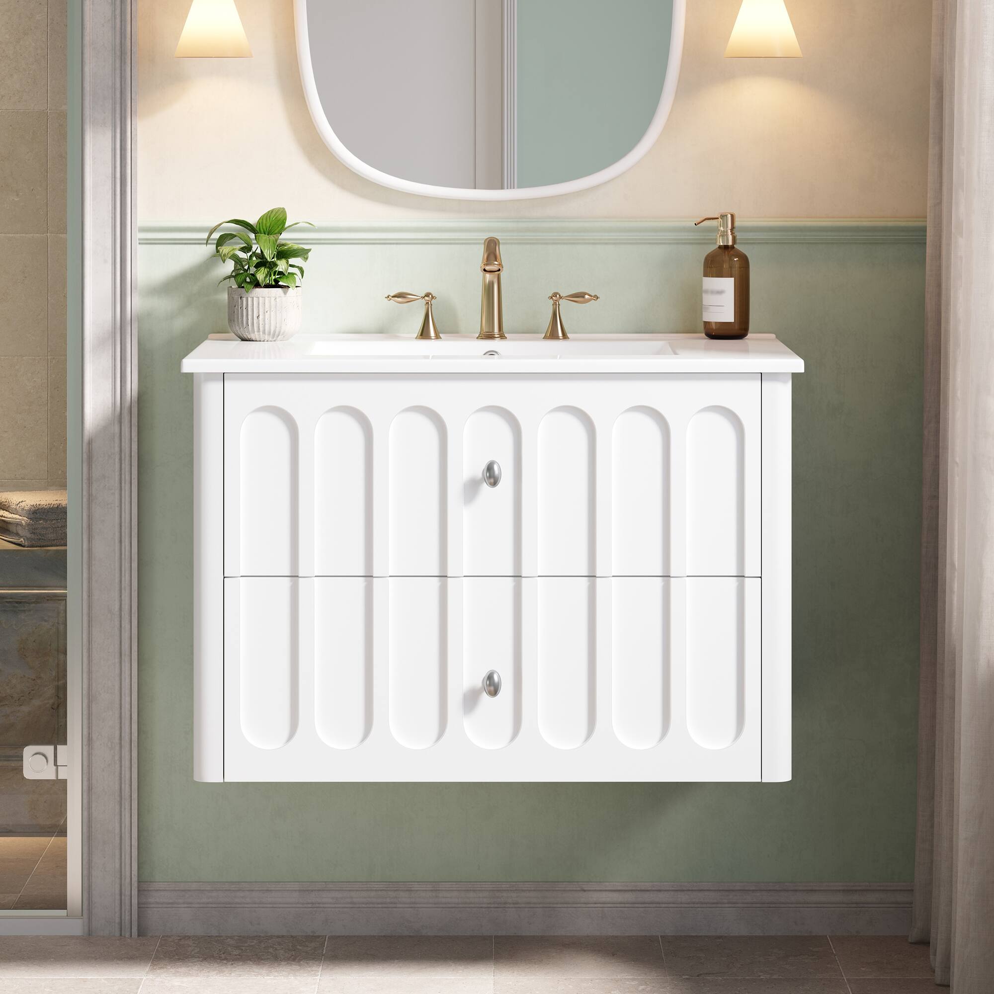 Angle. Whisen - 30" Floating Bathroom Vanity Cabinet with Sink Soft-Close Drawer Slides and Oval Knobs - White.