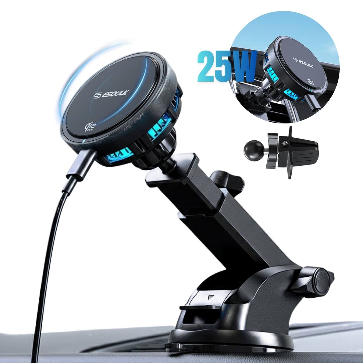 Esoulk - 25W Qi 2.2 Cooling Magnetic Wireless Car Charger  For Dashboard and Windshield Compatible with iPhone 17 Pro Max - Black