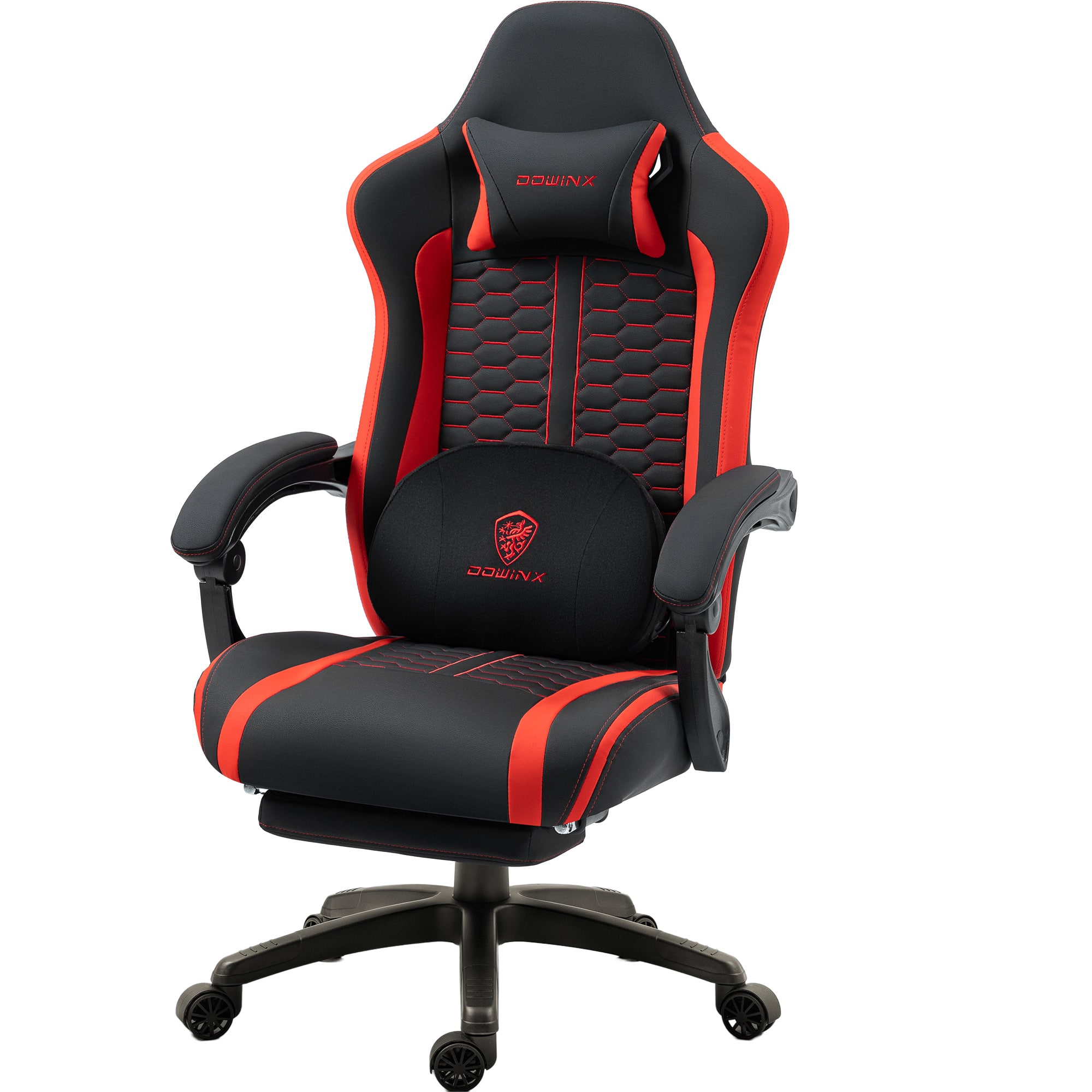 Dowinx - Gaming Chair Fabric with Heated Massage Lumbar Support, Big and Tall Game Chair Breathable with Footrest and Headrest - Red