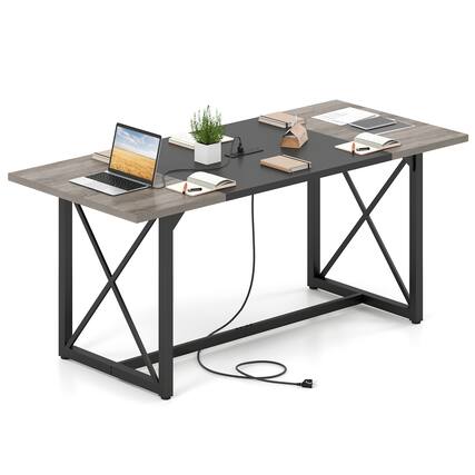 Front. Costway - Costway 1 PCS 6FT Conference Table with Power Outlets, Thickened Top & Heavy-duty Metal Frame - Gray Oak.