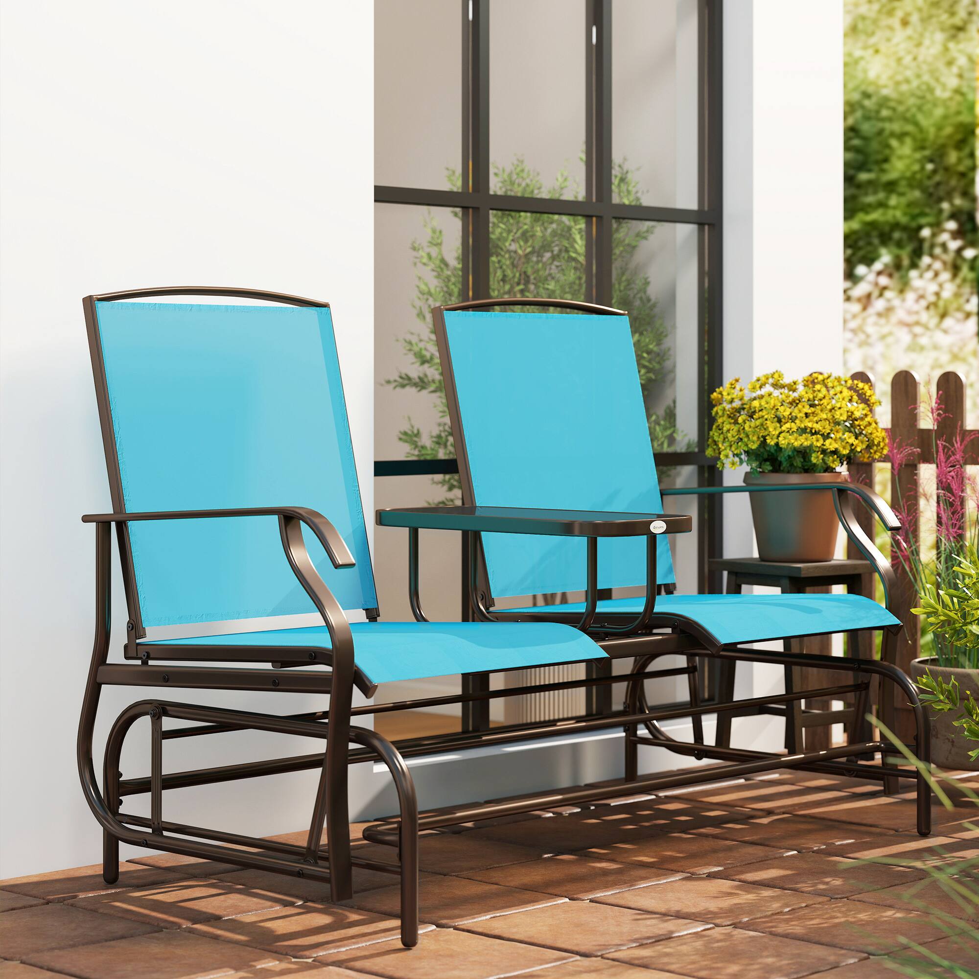 Alt View 8. Outsunny - Seater Glider for Outside Outdoor Glider Seat with Breathable Mesh Fabric Armrests for Backyard Garden Porch - Blue.