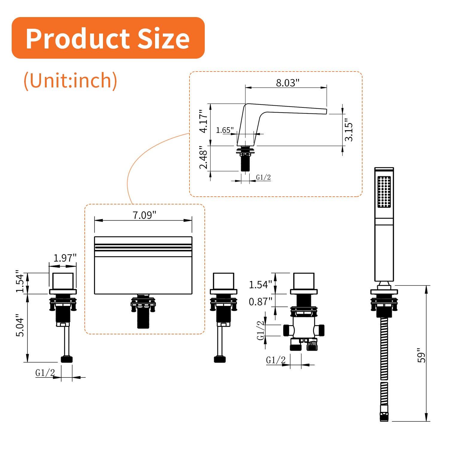 Product Size (Unit: inch)

- 4.17"
- 2.48"
- 8.03"
- 1.65"
- 3.15"
- 7.09"
- 1.54"
- 5.04"
- 1.97"
- 1.54"
- 0.87"
- 59"