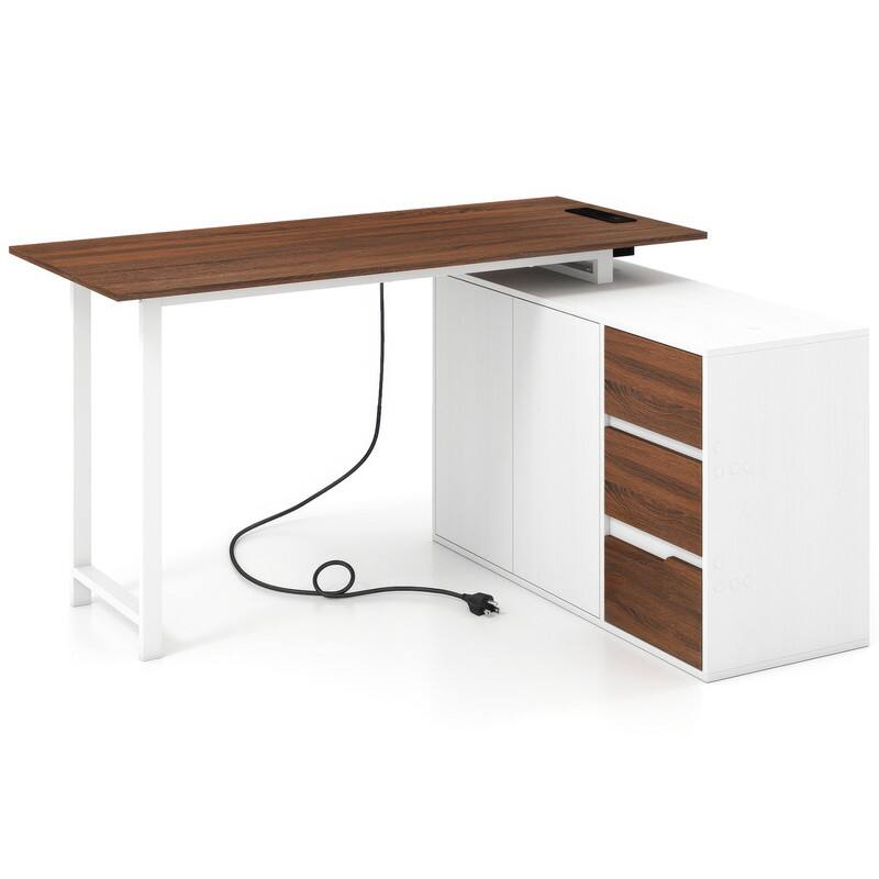 Alt View 5. WELLFOR - 54.5" L Shape Desk with File Cabinet and Power Outlet, Reversible Computer Desk For Home Office - White.