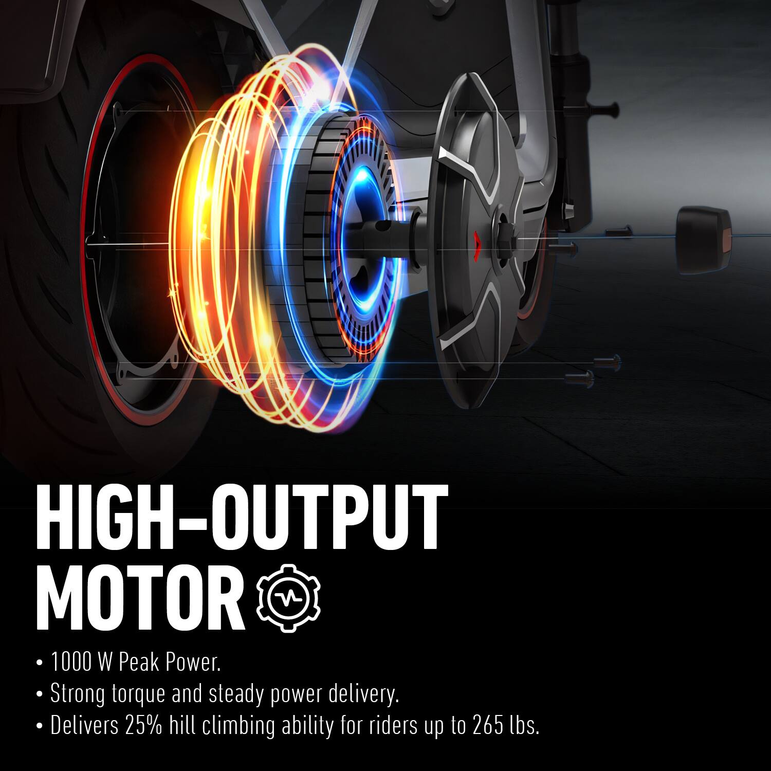 HIGH-OUTPUT MOTOR

- 1000 W Peak Power.
- Strong torque and steady power delivery.
- Delivers 25% hill climbing ability for riders up to 265 lbs.