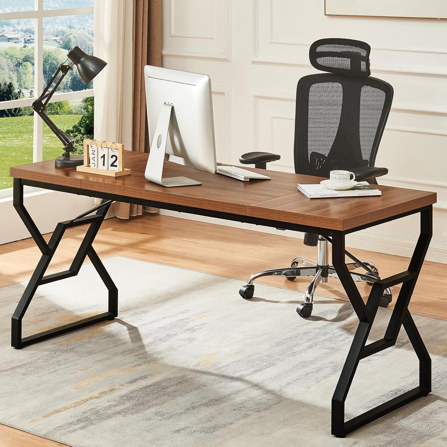 Zell Electronics - 63 Inch Rustic Executive DeskEngineered Wood Top, Metal Frame, Large Writing Table for Home Office - Walnut Brown
