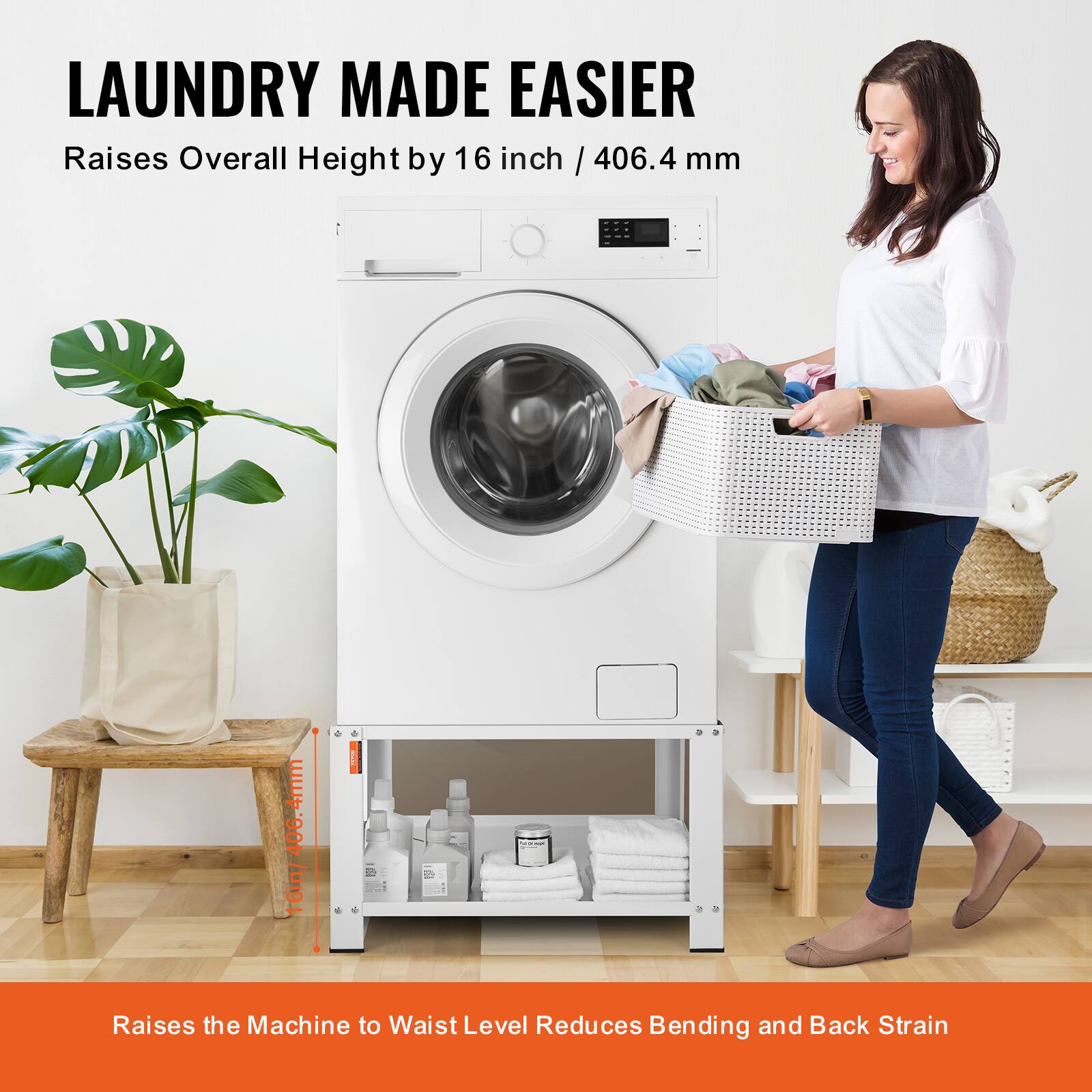 LAUNDRY MADE EASIER  
Raises Overall Height by 16 inch / 406.4 mm  
- Raises the Machine to Waist Level  
- Reduces Bending and Back Strain