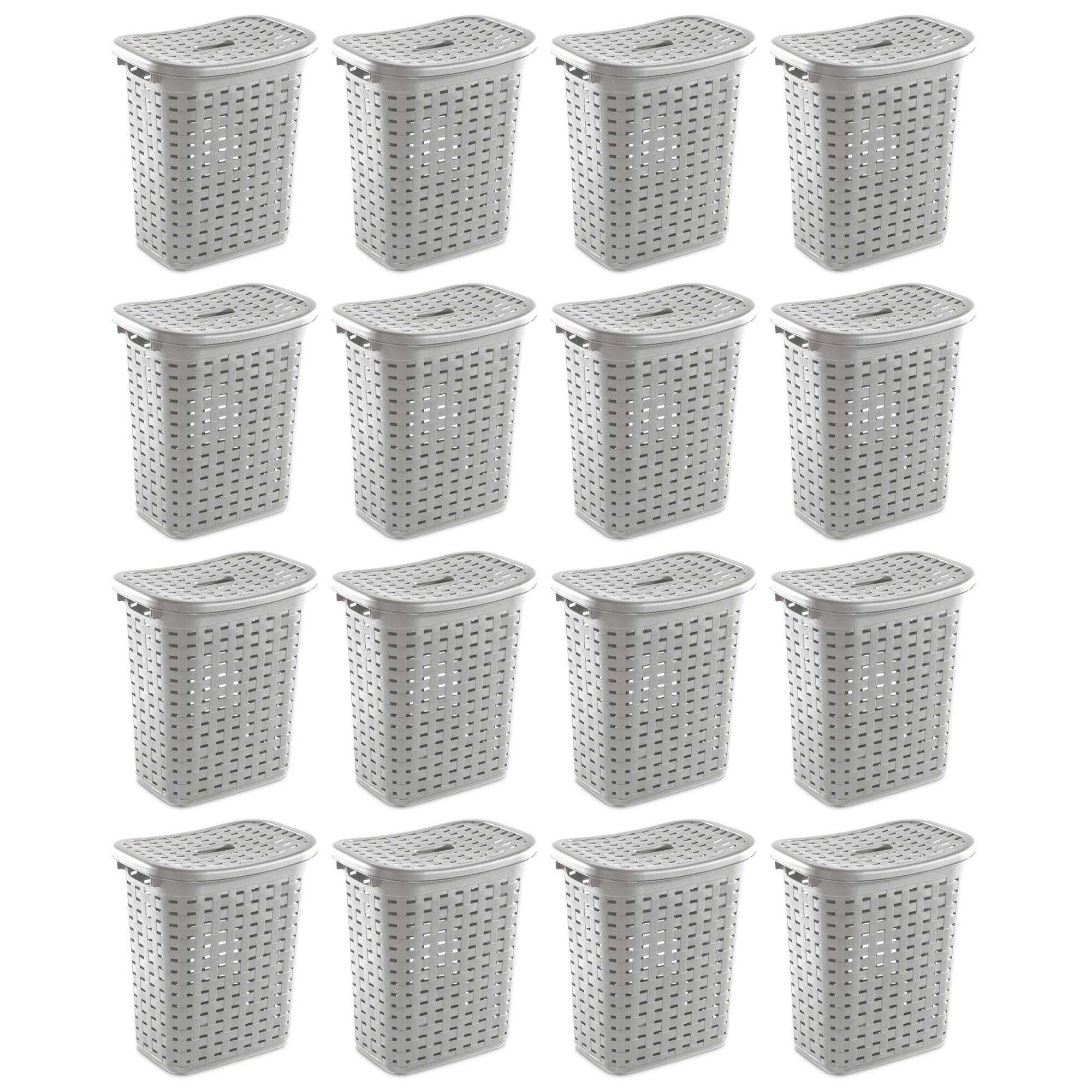 Front. Sterilite - Sterilite Plastic Weave Laundry Hamper Slim Clothes Lidded Basket, Gray, 16-Pack - Gray.