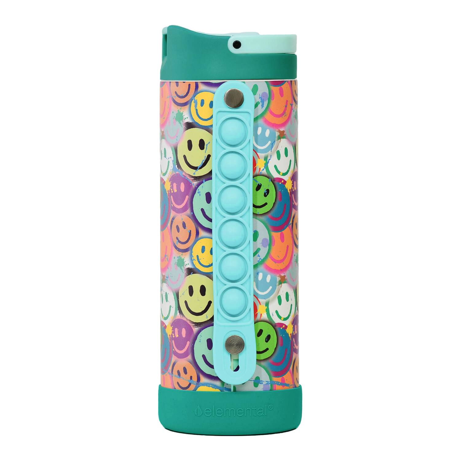 Back. Elemental - Iconic Pop Stainless Steel Fidget Water Bottle 14 Oz, Flip-open Sports Cap - Graffiti Smile.