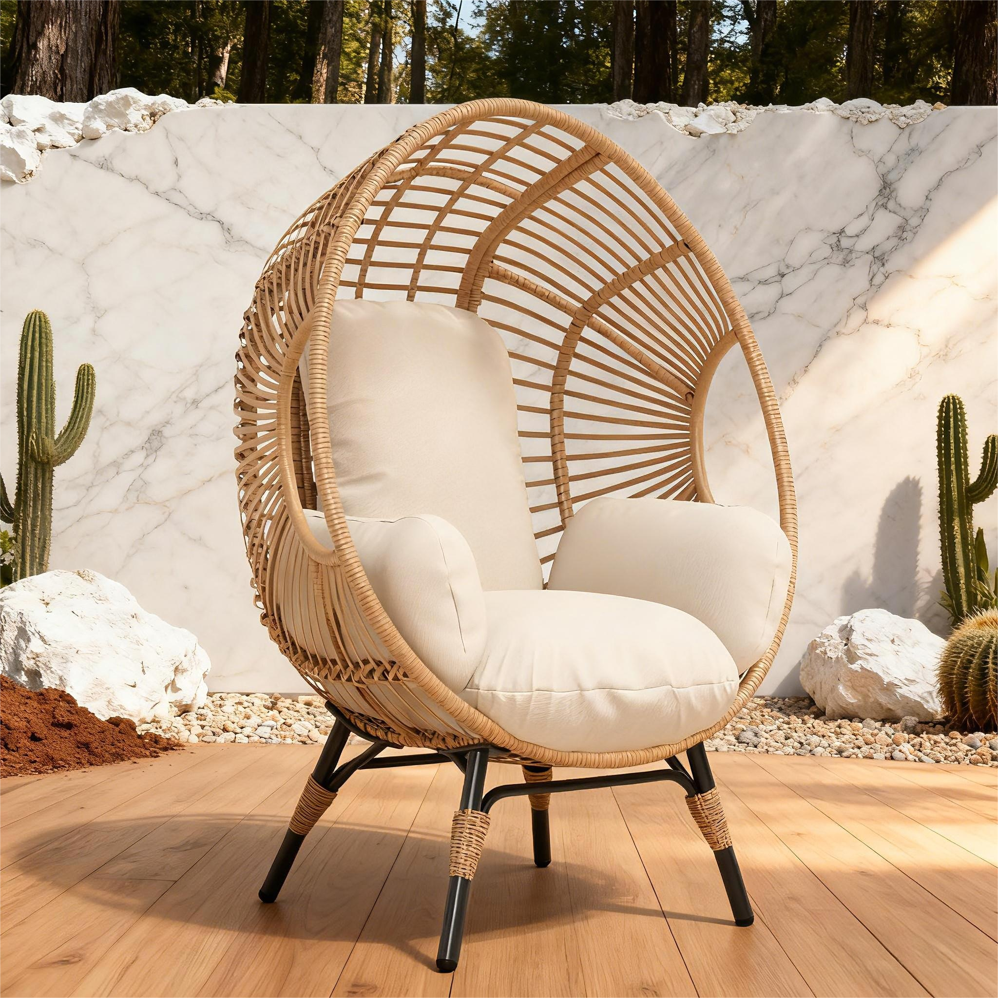 Angle. Mondawe - Patio PE Rattan Arc Back Egg Chair with 8-Inch Cushion - Natural.