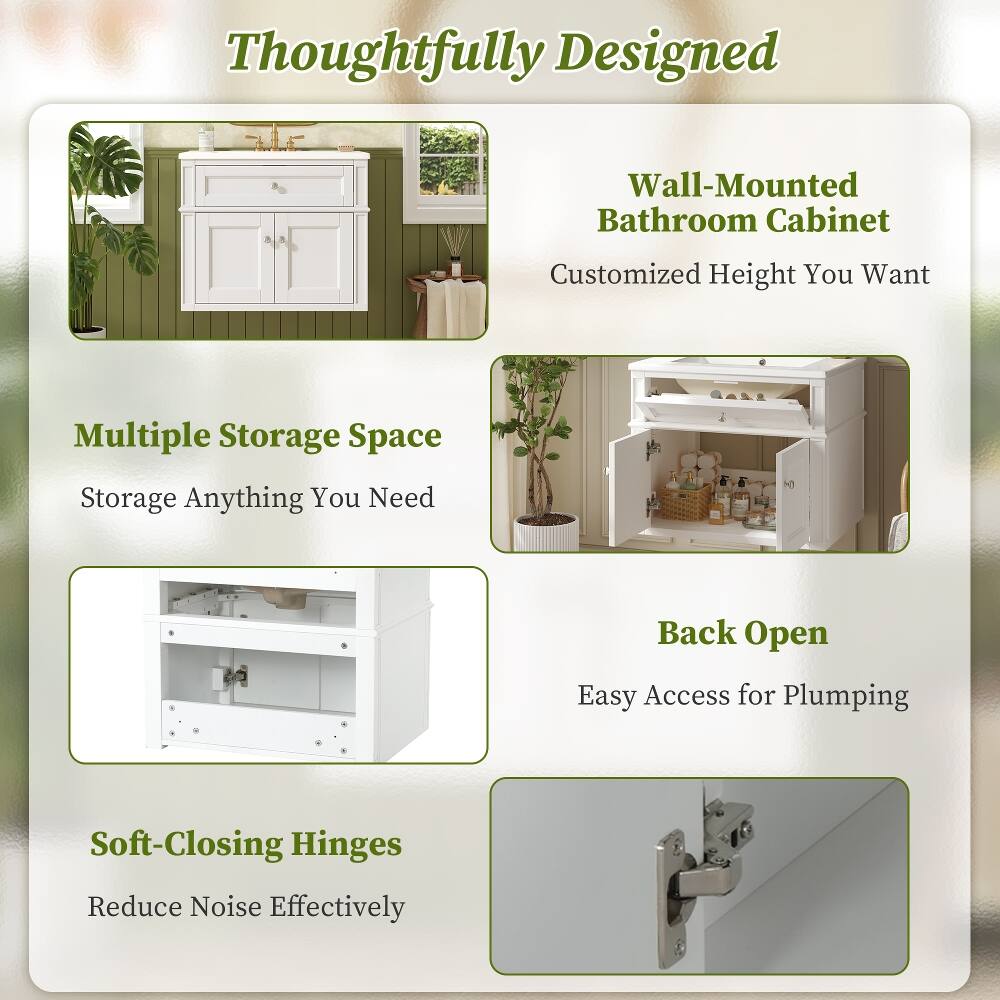 Thoughtfully Designed  
Wall-Mounted Bathroom Cabinet  
Customized Height You Want  

Multiple Storage Space  
Storage Anything You Need  

Back Open  
Easy Access for Plumbing  

Soft-Closing Hinges  
Reduce Noise Effectively