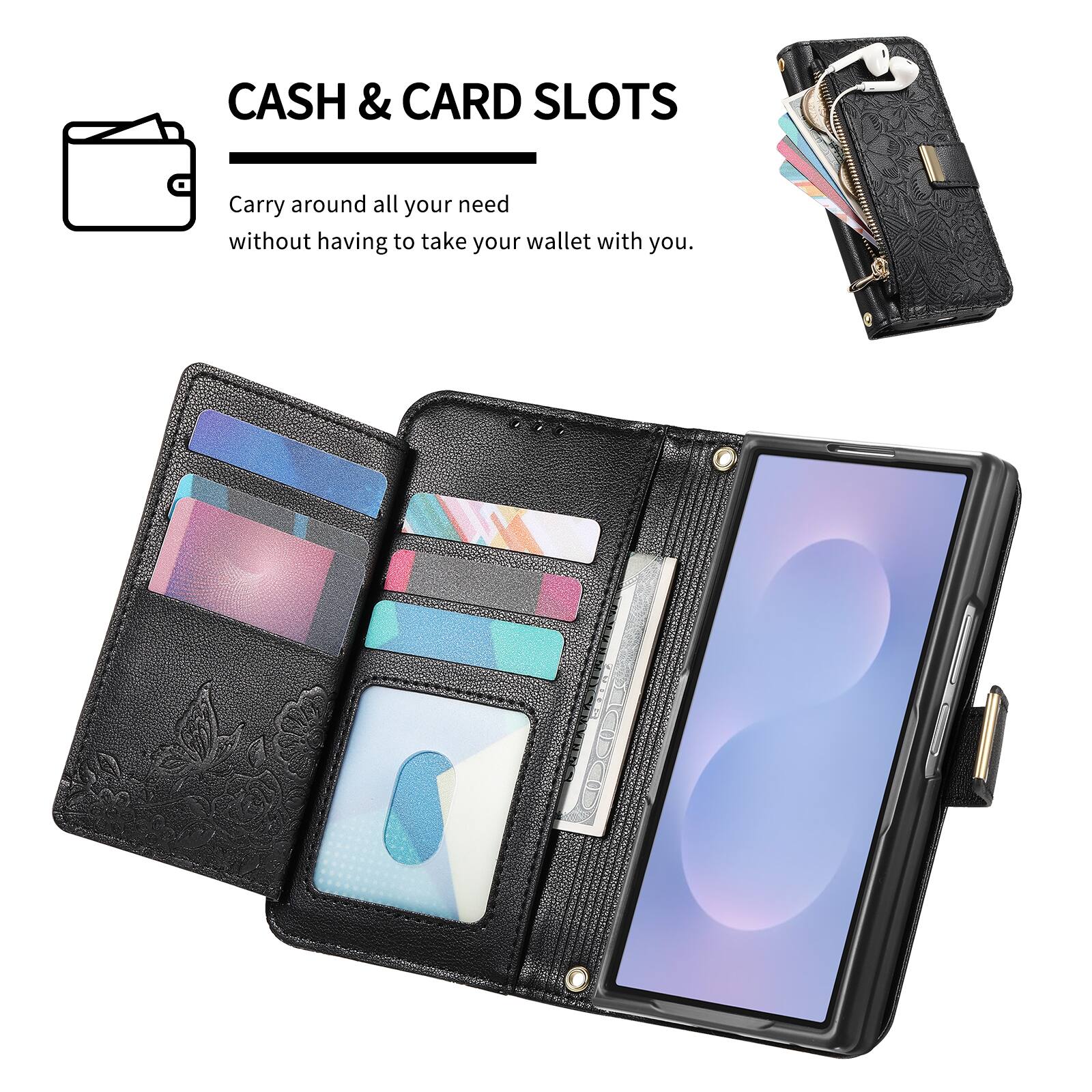 CASH & CARD SLOTS  
Carry around all your need without having to take your wallet with you.